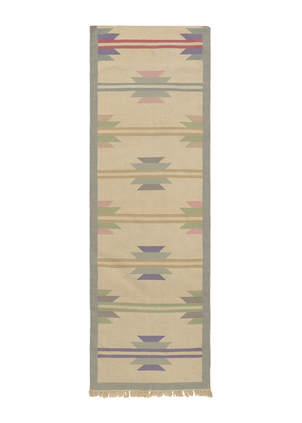 24216 Oriental Rug Indian Handmade Runner Transitional 2'7'' x 11'3'' -3x11- Whites Beige Dhurrie Geometric Design