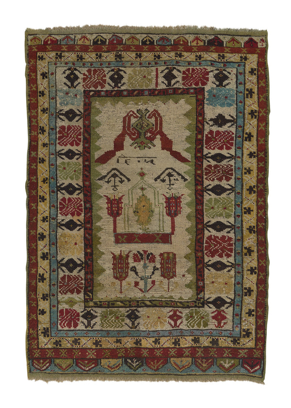 24715 Oriental Rug Turkish Handmade Area Antique Tribal 3'0'' x 4'5'' -3x4- Whites Beige Red Yellow Gold Geometric Design