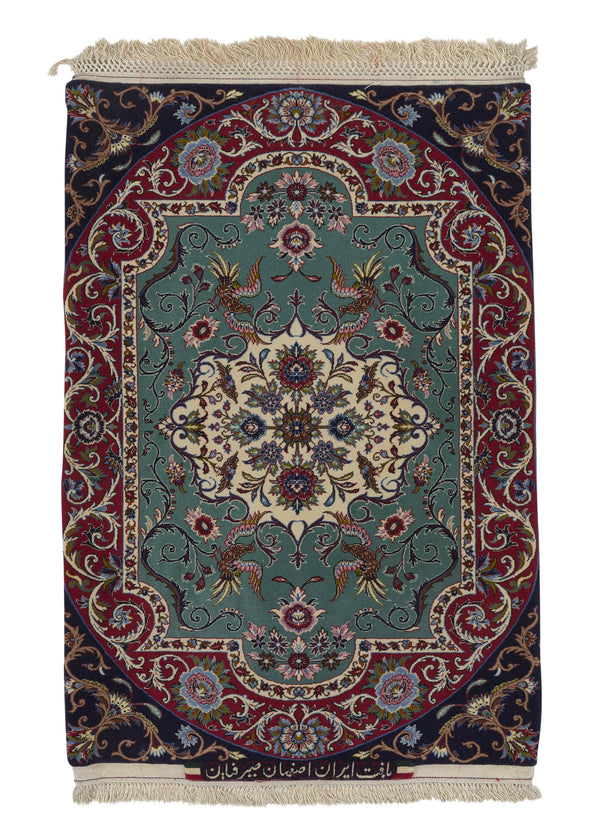 25162 Persian Rug Isfahan Handmade Area Traditional 2'5'' x 3'6'' -2x4- Green Red Floral Animals Design