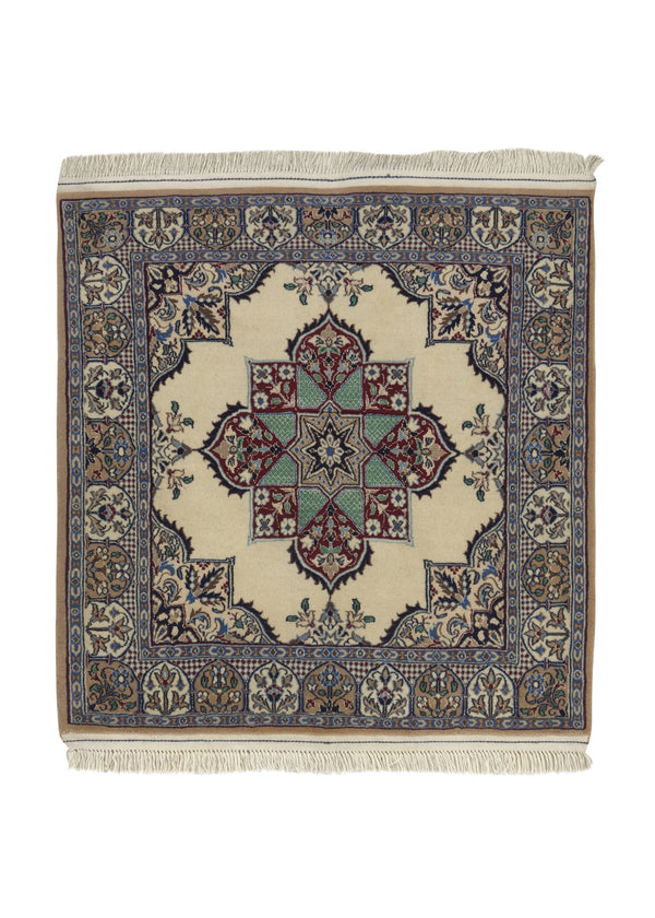 25164 Persian Rug Nain Handmade Square Transitional Traditional 3'3'' x 3'4'' -3x3- Whites Beige Blue Floral Open Field Design