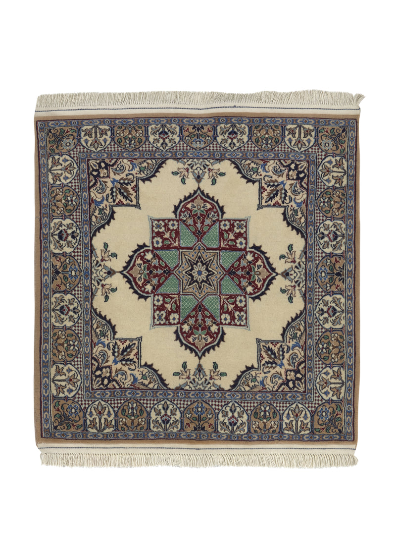 25164 Persian Rug Nain Handmade Square Transitional Traditional 3'3'' x 3'4'' -3x3- Whites Beige Blue Floral Open Field Design