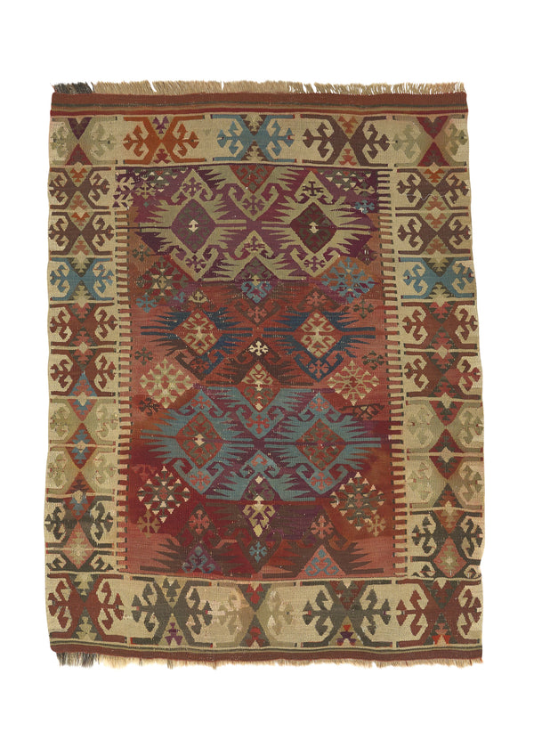 25417 Oriental Rug Turkish Handmade Area Antique 3'3'' x 4'3'' -3x4- Multi-color Geometric Kilim Design