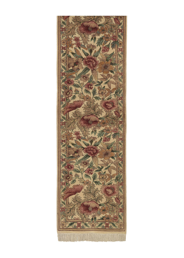25432 Oriental Rug Pakistani Handmade Runner Transitional 2'6'' x 11'2'' -3x11- Whites Beige Pink Green Pictorial Floral Design