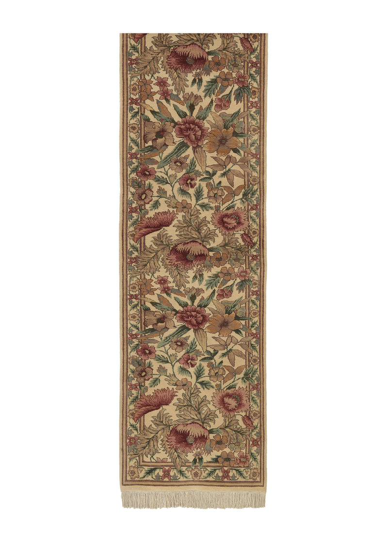 25432 Oriental Rug Pakistani Handmade Runner Transitional 2'6'' x 11'2'' -3x11- Whites Beige Pink Green Pictorial Floral Design