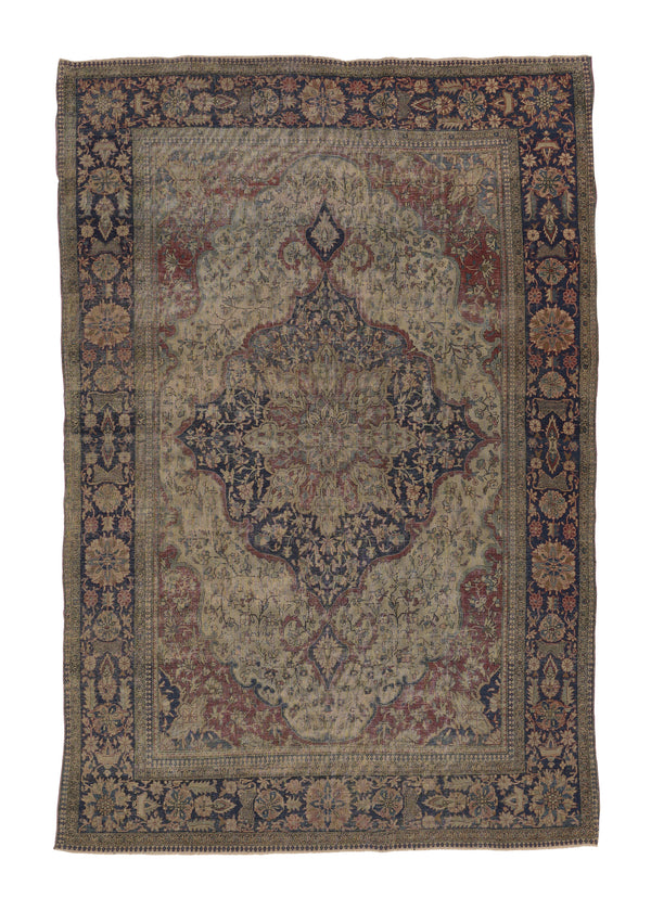 25564 Persian Rug Mohtasham Kashan Handmade Area Antique Traditional 4'5'' x 6'8'' -4x7- Brown Whites Beige Blue Floral Design