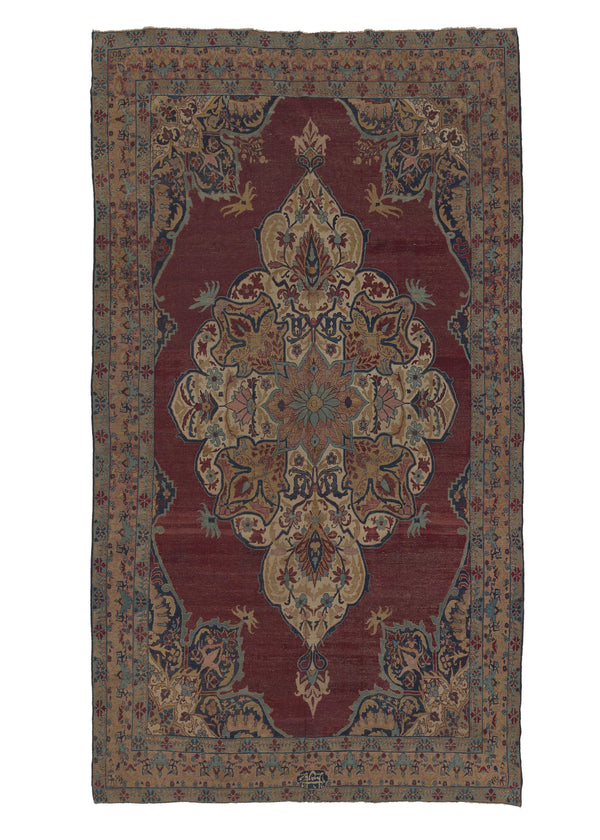 25665 Persian Rug Lavar Kerman Handmade Area Antique Traditional 7'7'' x 13'9'' -8x14- Red Whites Beige Blue Open Field Floral Design