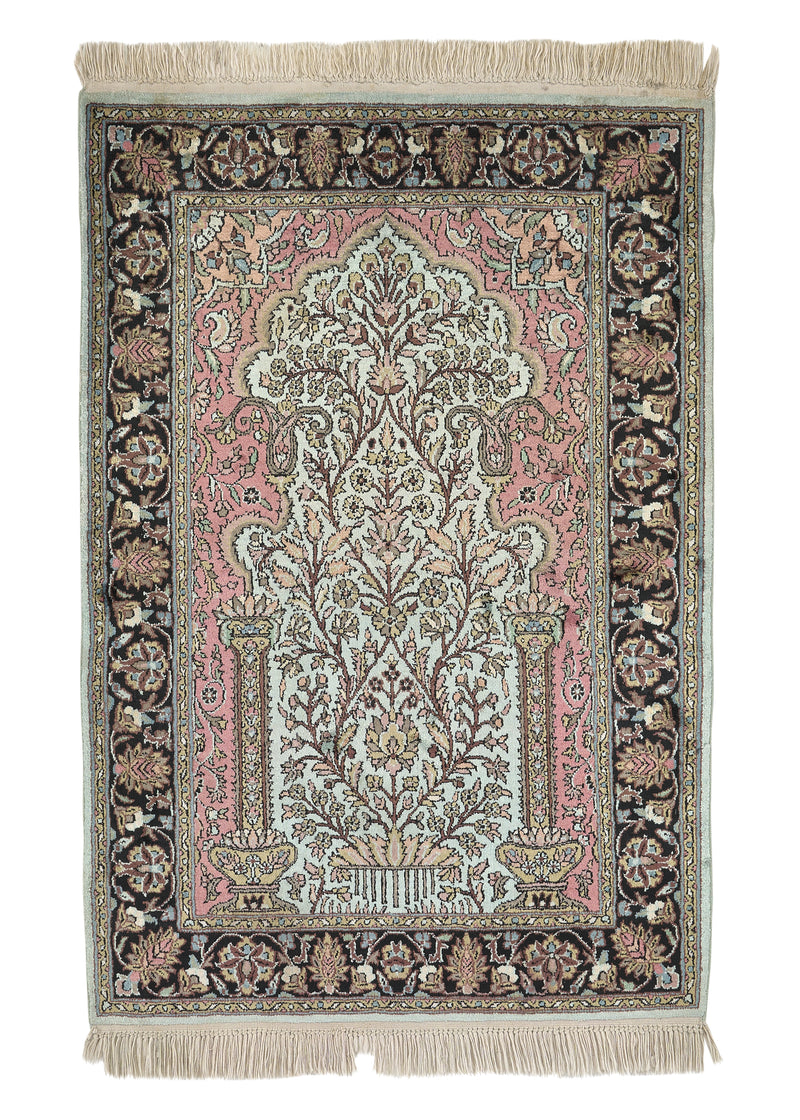 25802 Oriental Rug Kashmiri Handmade Area Traditional 2'7'' x 4'0'' -3x4- Pink Black Yellow Gold Floral Design