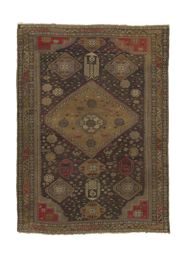 25958 Caucasian Rug Shirvan Handmade Area Antique Tribal 4'3'' x 5'9'' -4x6- Brown Yellow Gold Geometric Design