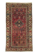 26182 Persian Rug Hamadan Handmade Area Runner Antique Tribal 3'11'' x 6'6'' -4x7- Red Whites Beige Geometric Design