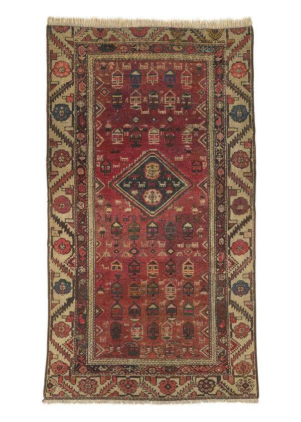 26182 Persian Rug Hamadan Handmade Area Runner Antique Tribal 3'11'' x 6'6'' -4x7- Red Whites Beige Geometric Design