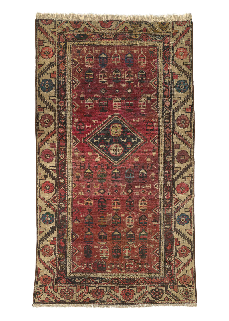 26182 Persian Rug Hamadan Handmade Area Runner Antique Tribal 3'11'' x 6'6'' -4x7- Red Whites Beige Geometric Design