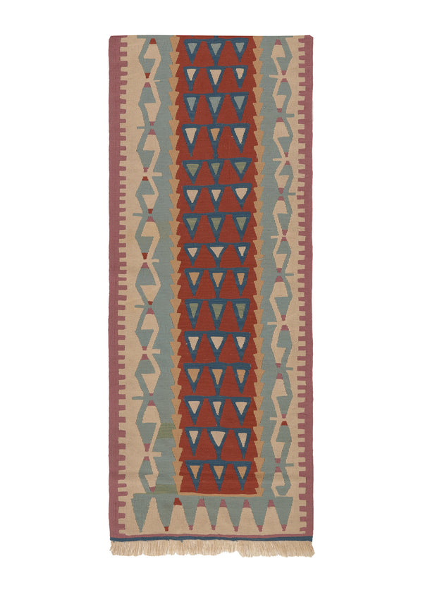 26191 Oriental Rug Turkish Handmade Runner Tribal 2'7'' x 9'4'' -3x9- Red Whites Beige Kilim Geometric Design