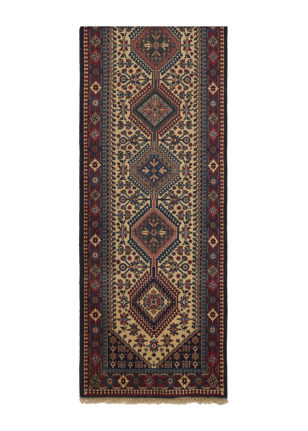 26561 Persian Rug Yalameh Handmade Runner Tribal Vintage 2'8'' x 9'8'' -3x10- Whites Beige Blue Red Geometric Design