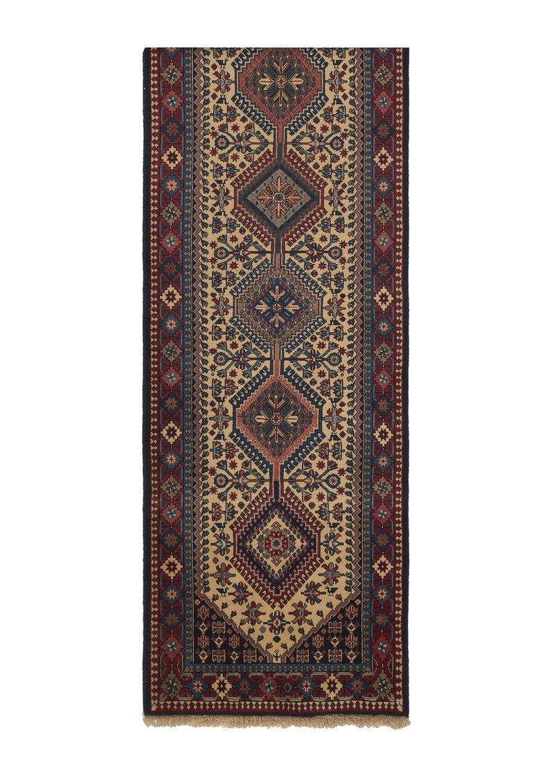 26561 Persian Rug Yalameh Handmade Runner Tribal Vintage 2'8'' x 9'8'' -3x10- Whites Beige Blue Red Geometric Design