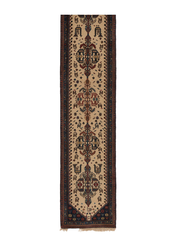 26562 Persian Rug Yalameh Handmade Runner Tribal 2'0'' x 9'10'' -2x10- Whites Beige Blue Open Field Animals Geometric Design