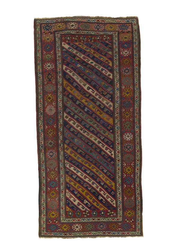 26802 Caucasian Rug Shirvan Handmade Area Antique Tribal 3'6'' x 8'0'' -4x8- Multi-color Red Geometric Design