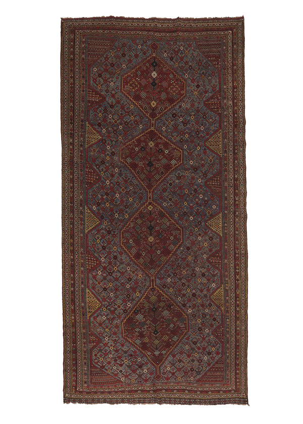 26873 Persian Rug Ghashghaei Handmade Area Antique Tribal 6'5'' x 13'0'' -6x13- Red Blue Geometric Design