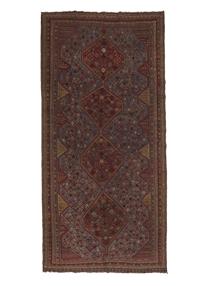 26873 Persian Rug Ghashghaei Handmade Area Antique Tribal 6'5'' x 13'0'' -6x13- Red Blue Geometric Design