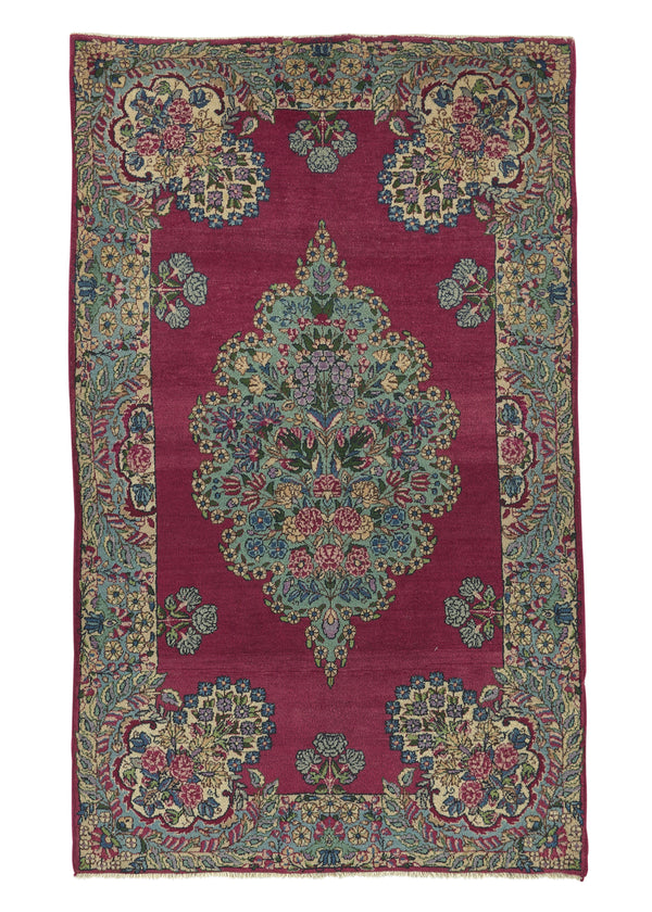 26911 Persian Rug Kerman Handmade Area Antique Traditional 3'0'' x 5'0'' -3x5- Red Green Open Field Floral Design