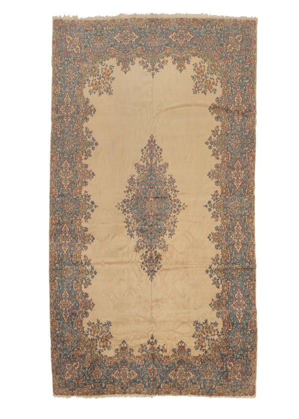 26927 Persian Rug Kerman Handmade Area Traditional 9'6'' x 17'6'' -10x18- Whites Beige Blue Open Field Floral Design