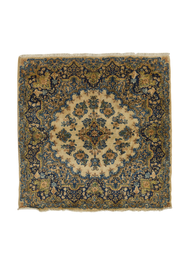 26949 Persian Rug Kerman Handmade Square Traditional 3'7'' x 3'8'' -4x4- Yellow Gold Blue Whites Beige Floral Design