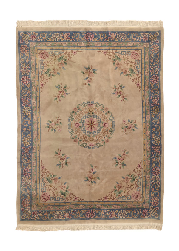 27038 Oriental Rug Chinese Handmade Area Traditional 9'0'' x 11'11'' -9x12- Whites Beige Blue Open Field Floral Design