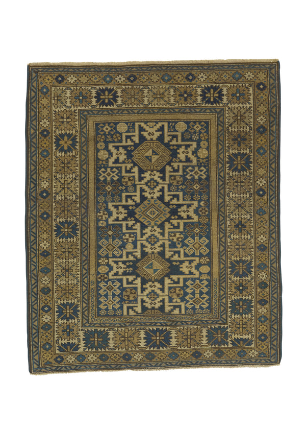 27049 Caucasian Rug Shirvan Handmade Area Antique Tribal 3'10'' x 4'6'' -4x5- Brown Blue Geometric Design