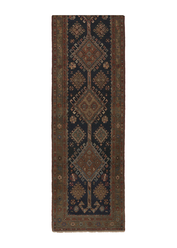 27102 Caucasian Rug Azerbaijan Handmade Runner Tribal 2'8'' x 12'7'' -3x13- Brown Blue Geometric Design