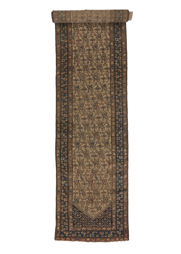 27201 Persian Rug Malayer Handmade Runner Vintage Neutral 3'5'' x 16'1'' -3x16- Whites Beige Blue Geometric Design