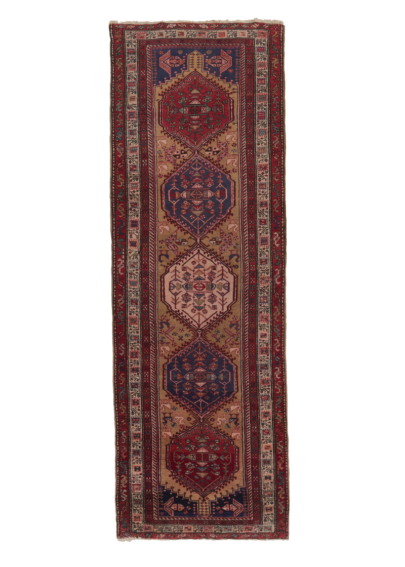 27419 Persian Rug Sarab Handmade Runner Tribal Vintage 3'9'' x 11'0'' -4x11- Red Whites Beige Blue Geometric Design