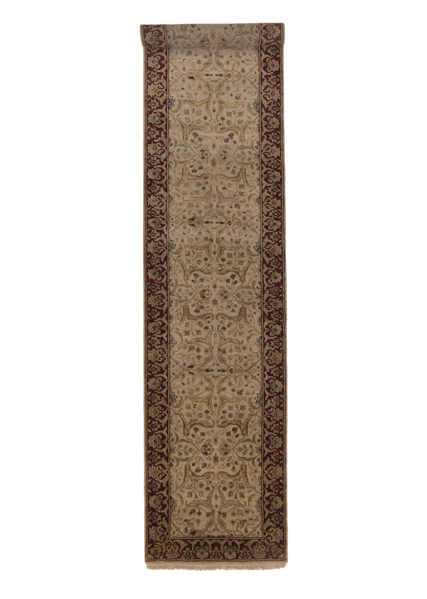 27490 Oriental Rug Indian Handmade Runner Traditional 2'7'' x 12'2'' -3x12- Whites Beige Red Jaipur Floral Design