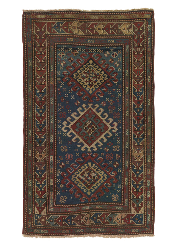 27513 Caucasian Rug Shirvan Handmade Area Runner Antique Tribal 3'8'' x 6'6'' -4x7- Blue Geometric Design