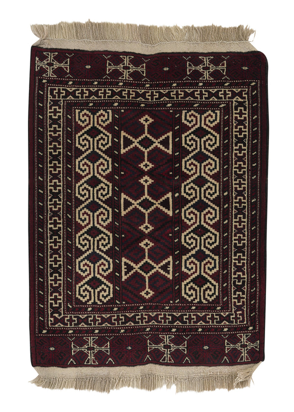 27543 Persian Rug Baloch Handmade Area Tribal 2'11'' x 3'8'' -3x4- Red Whites Beige Geometric Design