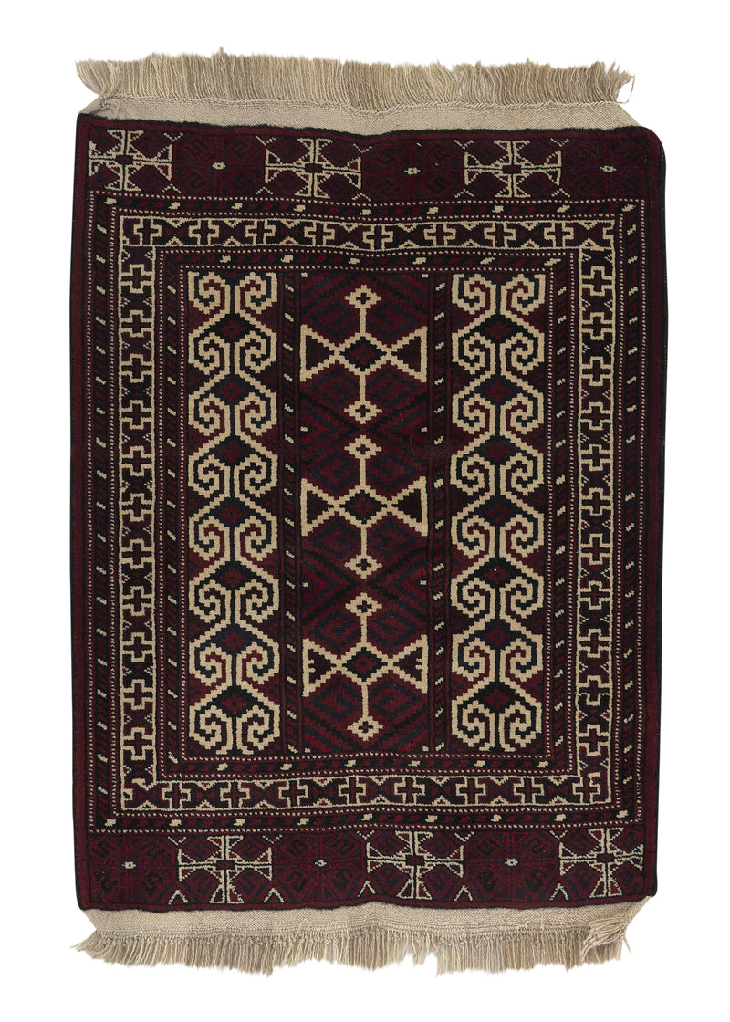 27543 Persian Rug Baloch Handmade Area Tribal 2'11'' x 3'8'' -3x4- Red Whites Beige Geometric Design