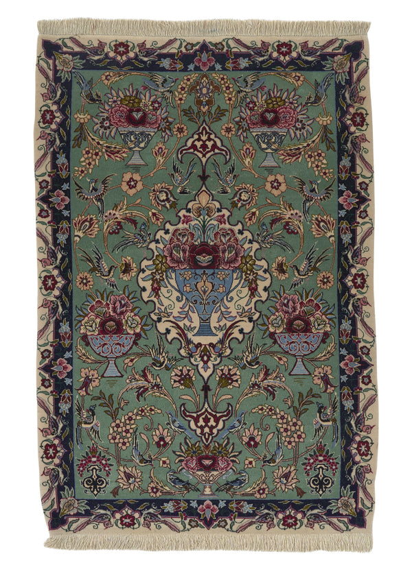 27901 Persian Rug Isfahan Handmade Area Traditional 2'5'' x 3'8'' -2x4- Green Pink Vase Floral Animals Design