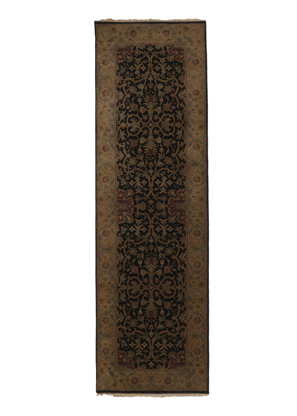 27943 Oriental Rug Indian Handmade Runner Transitional 3'0'' x 10'0'' -3x10- Black Jaipur Floral Design