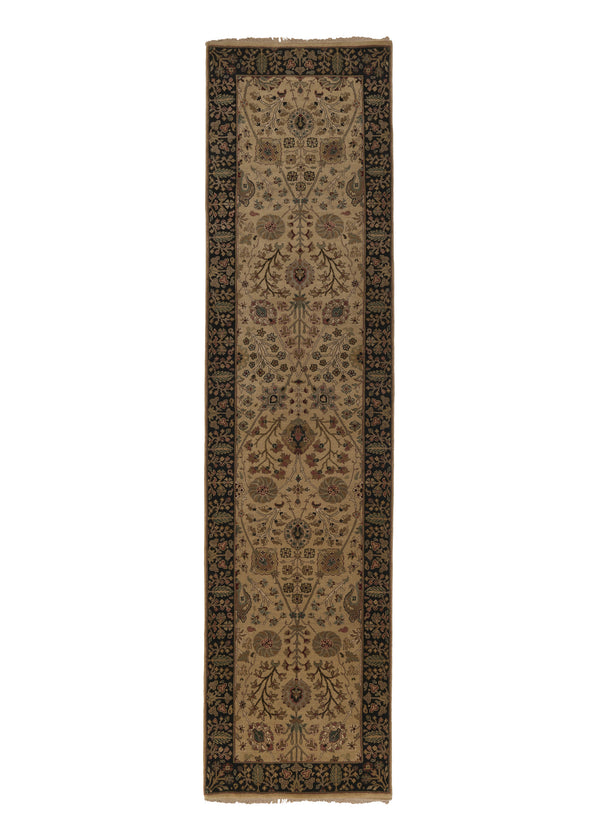27952 Oriental Rug Indian Handmade Runner Transitional 3'0'' x 12'1'' -3x12- Whites Beige Green Black Jaipur Floral Design
