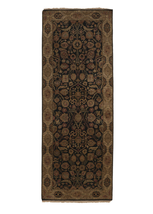 27965 Oriental Rug Indian Handmade Runner Transitional 3'1'' x 8'2'' -3x8- Black Yellow Gold Jaipur Floral Design