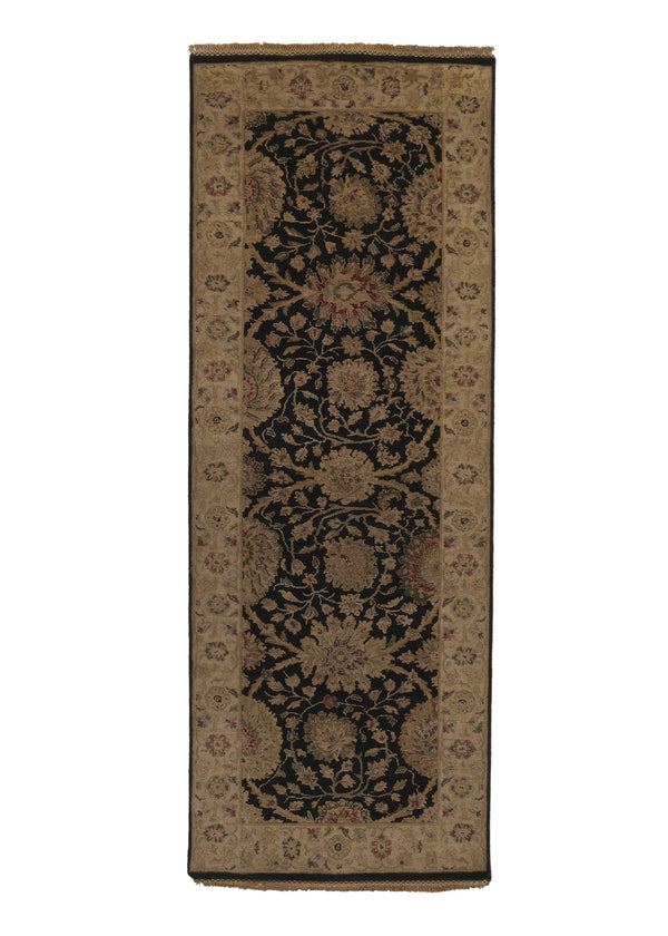 27971 Oriental Rug Indian Handmade Runner Transitional 3'0'' x 8'2'' -3x8- Black Whites Beige Jaipur Floral Design