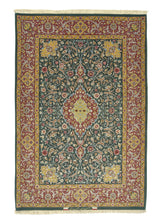 28373 Persian Rug Isfahan Handmade Area Traditional 3'7'' x 5'3'' -4x5- Green Yellow Gold Red Floral Design