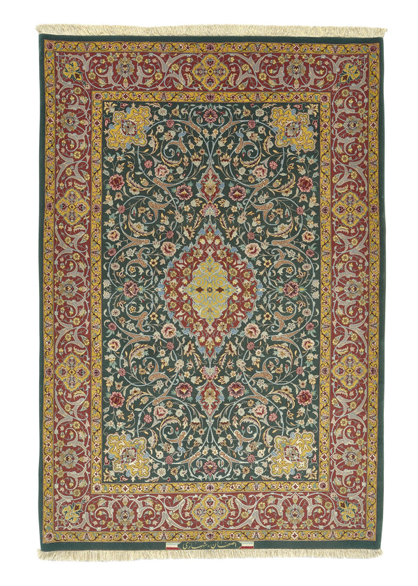 28373 Persian Rug Isfahan Handmade Area Traditional 3'7'' x 5'3'' -4x5- Green Yellow Gold Red Floral Design