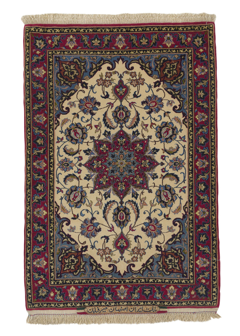 28401 Persian Rug Isfahan Handmade Area Traditional 2'6'' x 3'6'' -3x4- Red Whites Beige Blue Floral Design