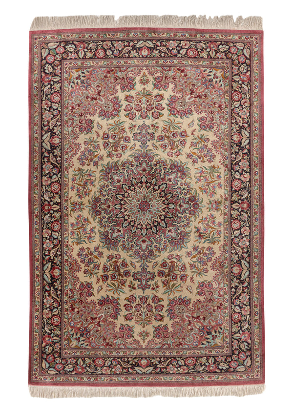28636 Persian Rug Qum Handmade Area Traditional Traditional 4'5'' x 6'11'' -4x7- Pink Floral Animals Design