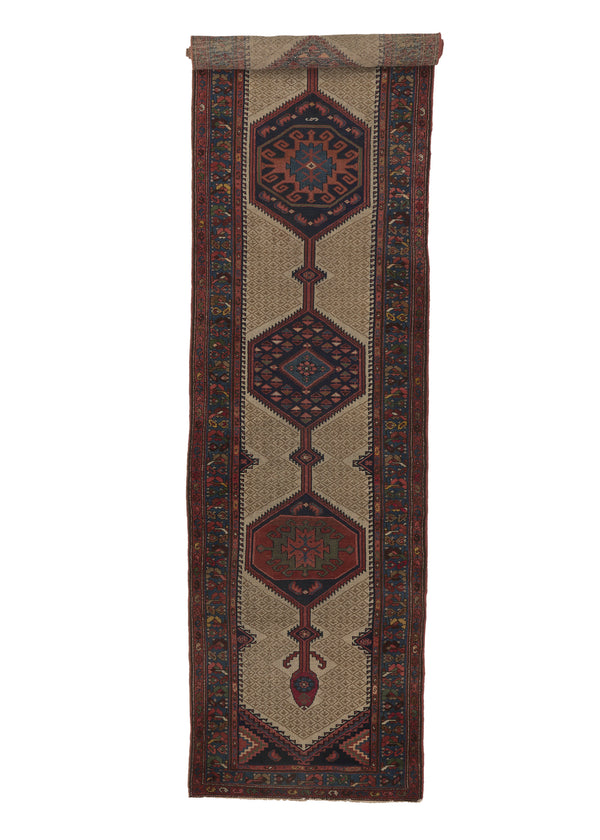 28663 Persian Rug Malayer Handmade Runner Antique Tribal 3'3'' x 16'3'' -3x16- Whites Beige Red Blue Geometric Design