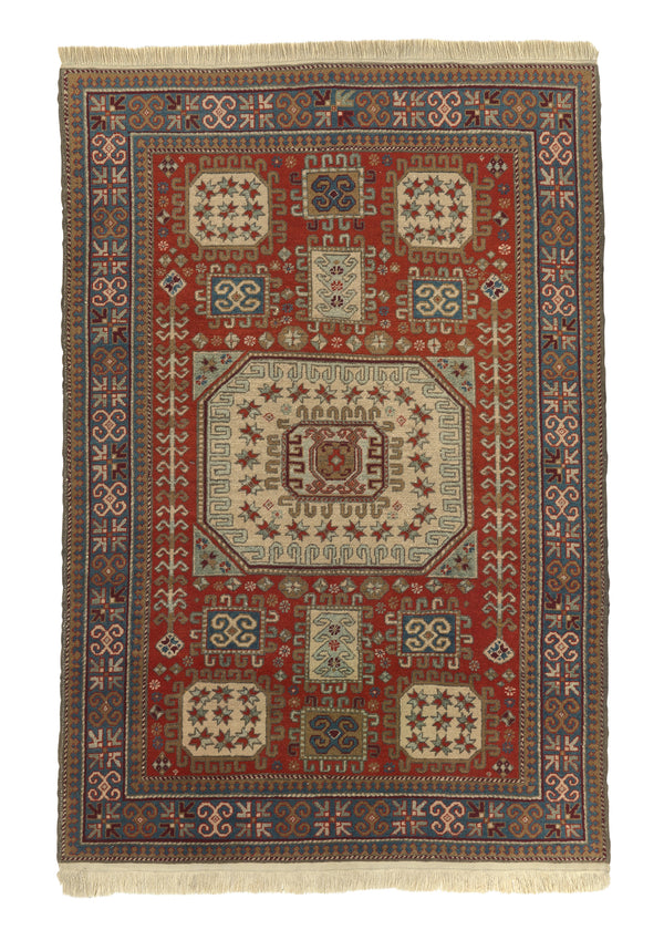28766 Oriental Rug Turkish Handmade Area Tribal 4'4'' x 6'4'' -4x6- Whites Beige Red Geometric Design