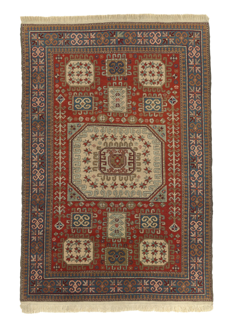 28766 Oriental Rug Turkish Handmade Area Tribal 4'4'' x 6'4'' -4x6- Whites Beige Red Geometric Design