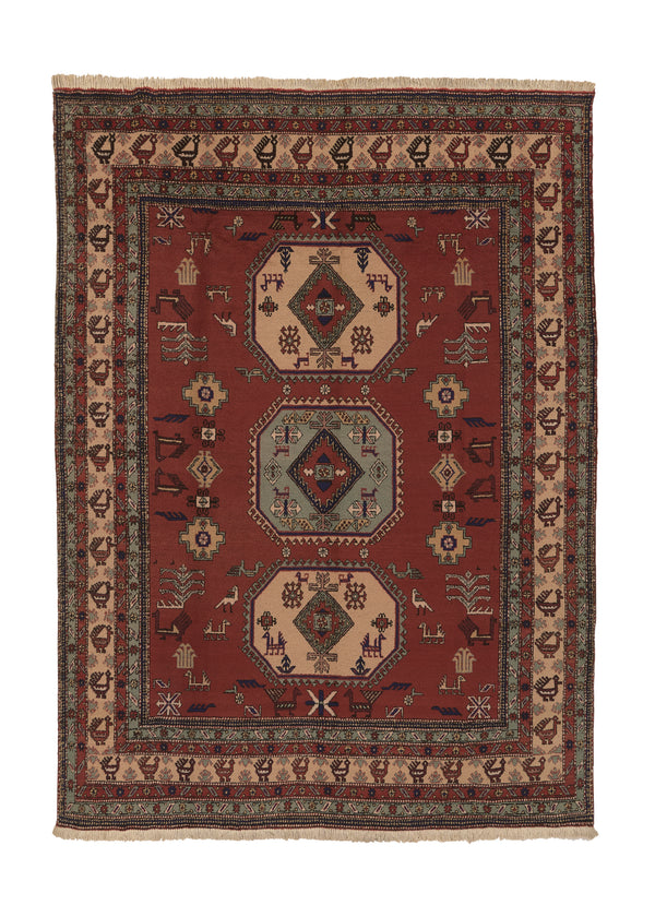28767 Persian Rug Ardabil Handmade Area Tribal 10'2'' x 14'0'' -10x14- Red Whites Beige Animals Geometric Design