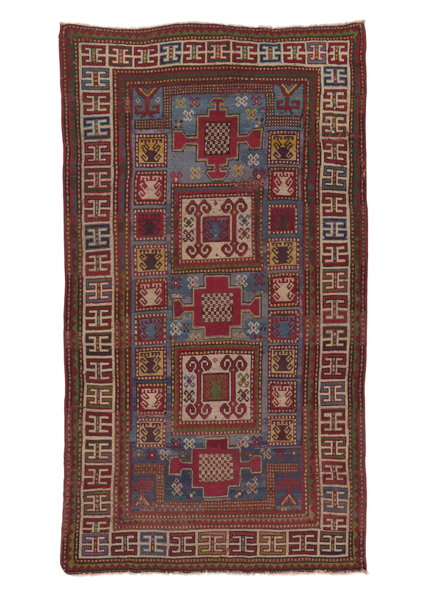 28823 Caucasian Rug Kazak Handmade Area Antique Tribal 4'6'' x 8'0'' -5x8- Blue Red Geometric Design