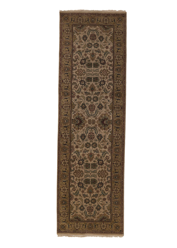 28883 Oriental Rug Indian Handmade Runner Transitional 3'0'' x 10'1'' -3x10- Whites Beige Green Jaipur Floral Design
