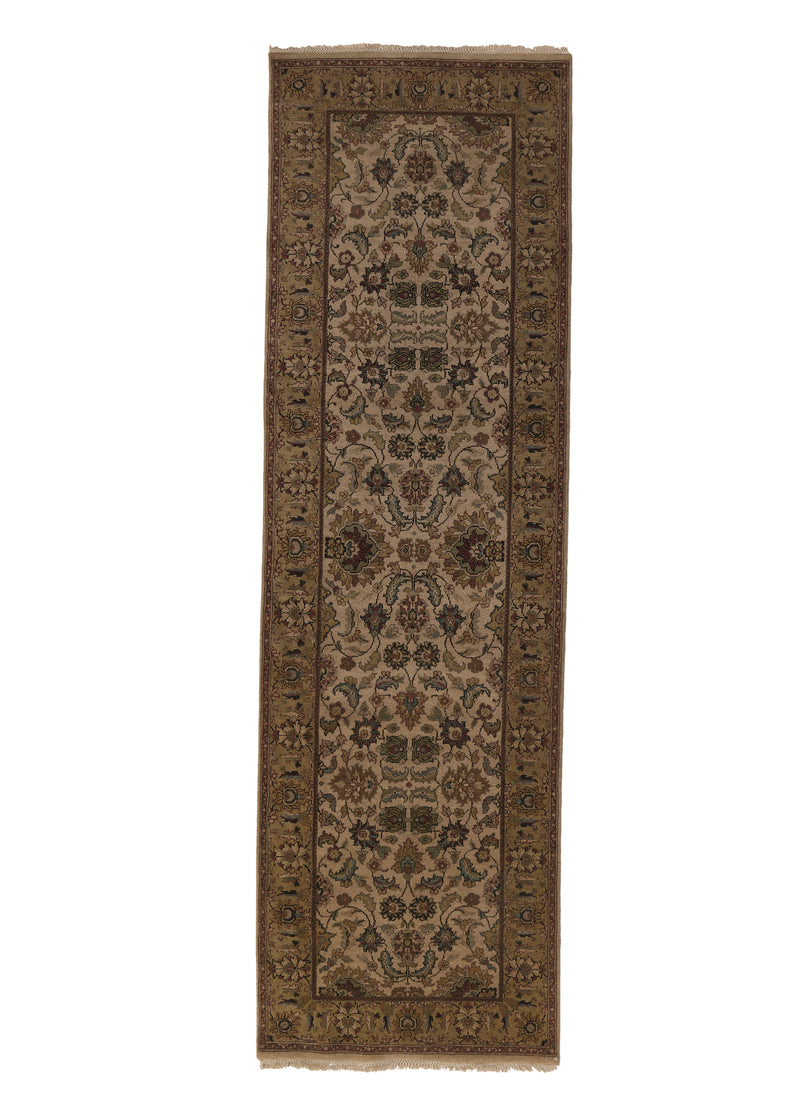 28883 Oriental Rug Indian Handmade Runner Transitional 3'0'' x 10'1'' -3x10- Whites Beige Green Jaipur Floral Design